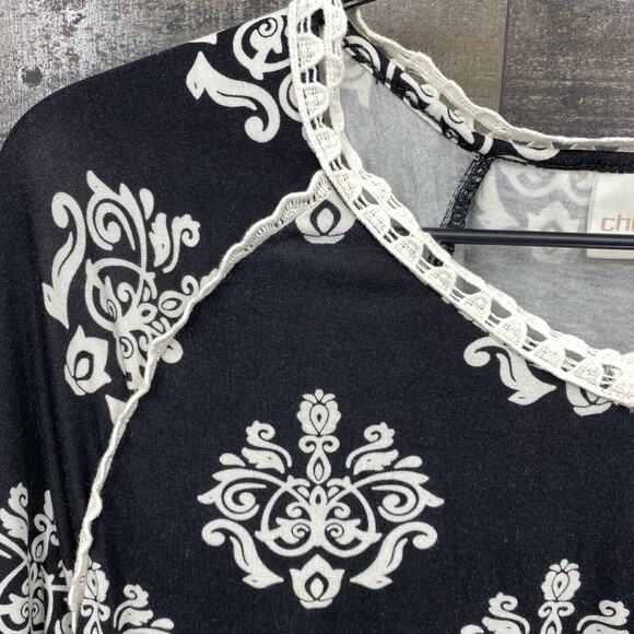 Chico's Women's Medallion Print 3/4 Sleeve Knit Lace Trim Top Sz 0/S/4 Black - Picture 6 of 9